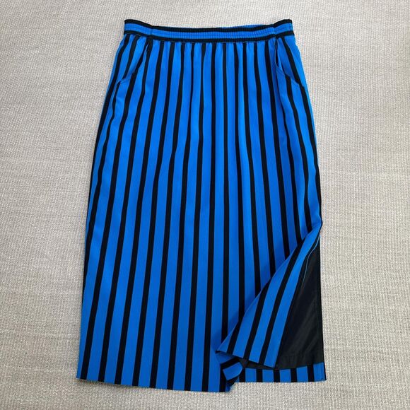Retro 1980s Vintage Liz Claiborne Blue + Black Striped Pencil Skirt Size Small - Picture 1 of 6